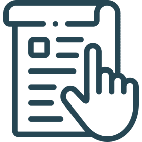 Hand pointing at a document icon.