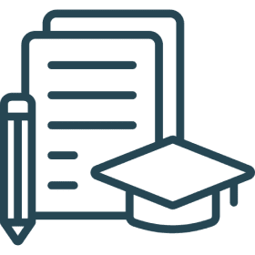 Graduation cap, pencil, and papers icon.