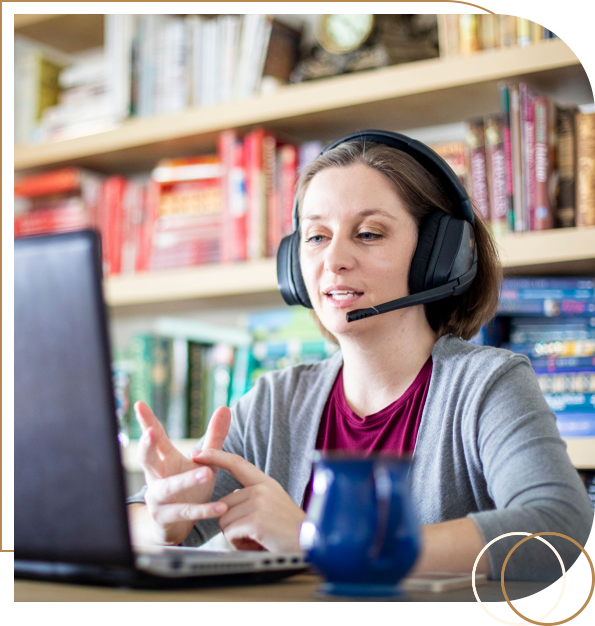 Woman with headset on video call.